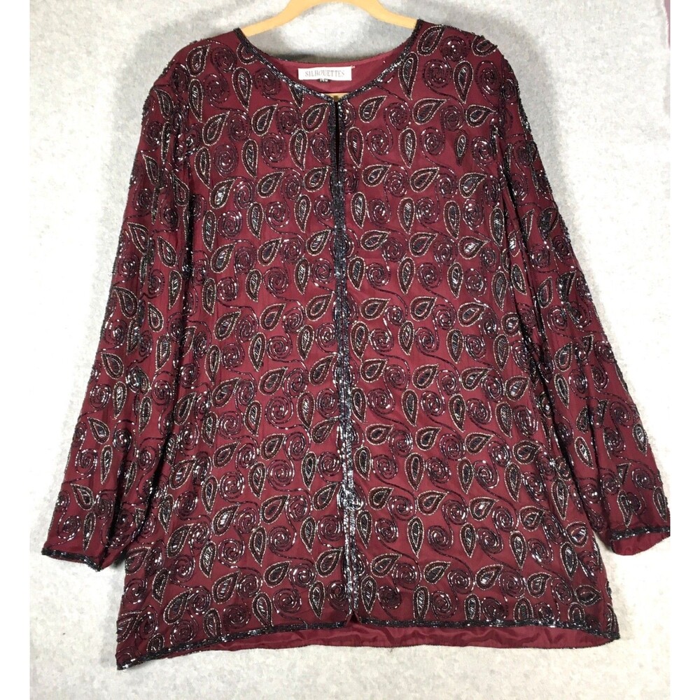 Womens 14W Party Event Heavy Silk & Beaded Sequin Burgundy Wine Long Sleeve Top